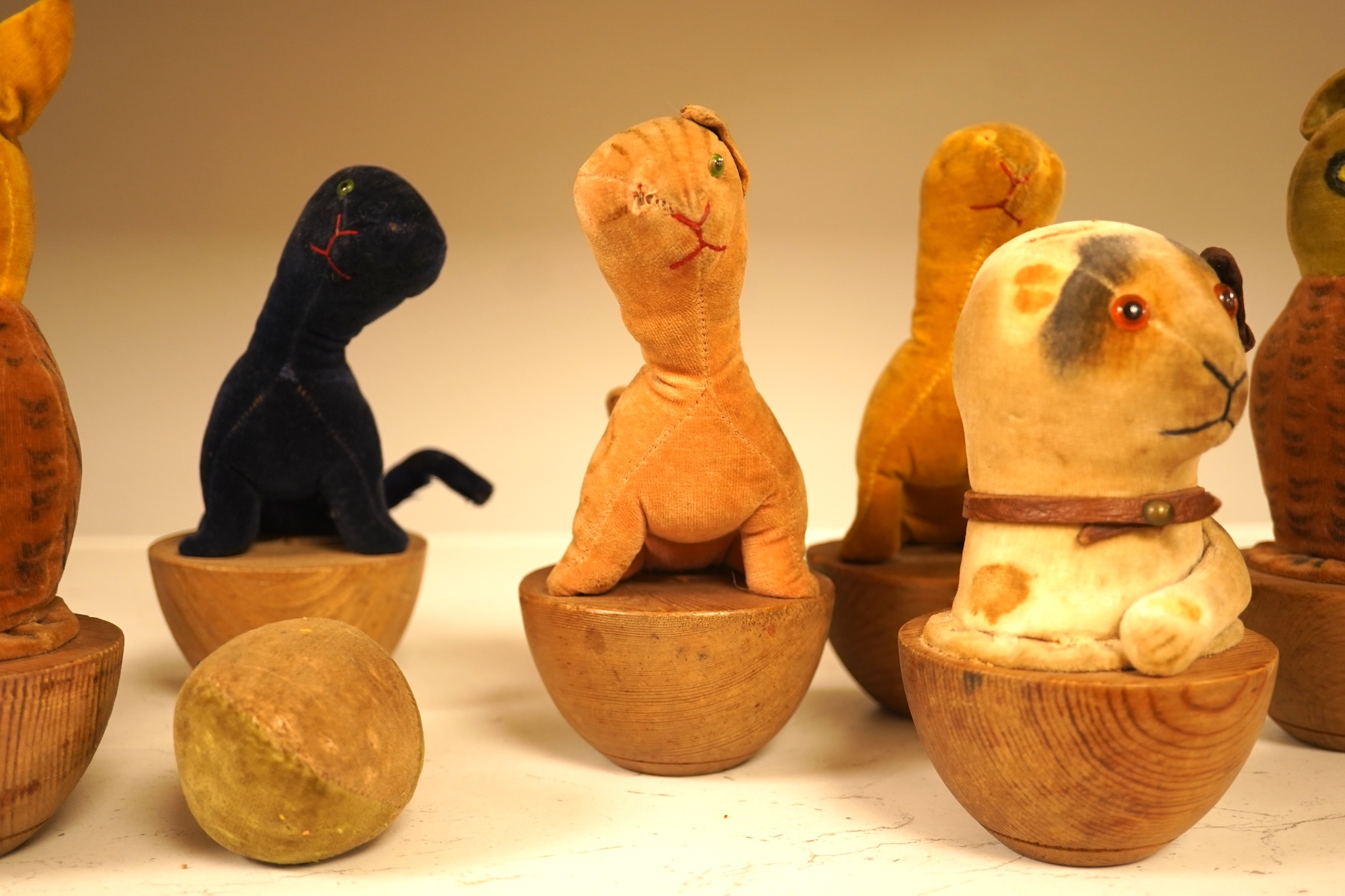 Nine children’s toy 1930’s-40’s soft animal skittles and a ball. Monkey skittle 17cm high